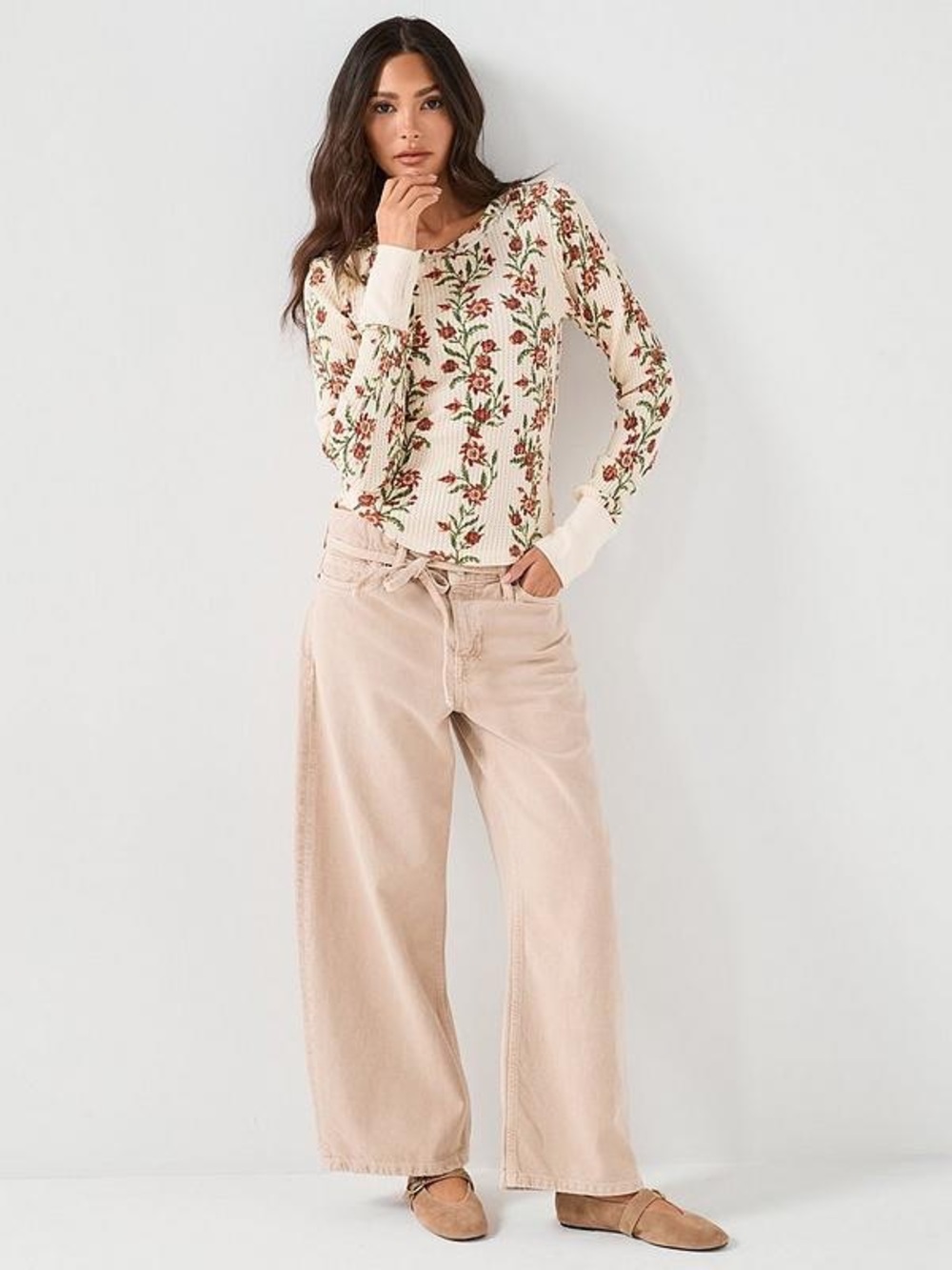 NWOT We The Free People Pretty Little Thermal Floral Sand Combo Slim Top Sz XS